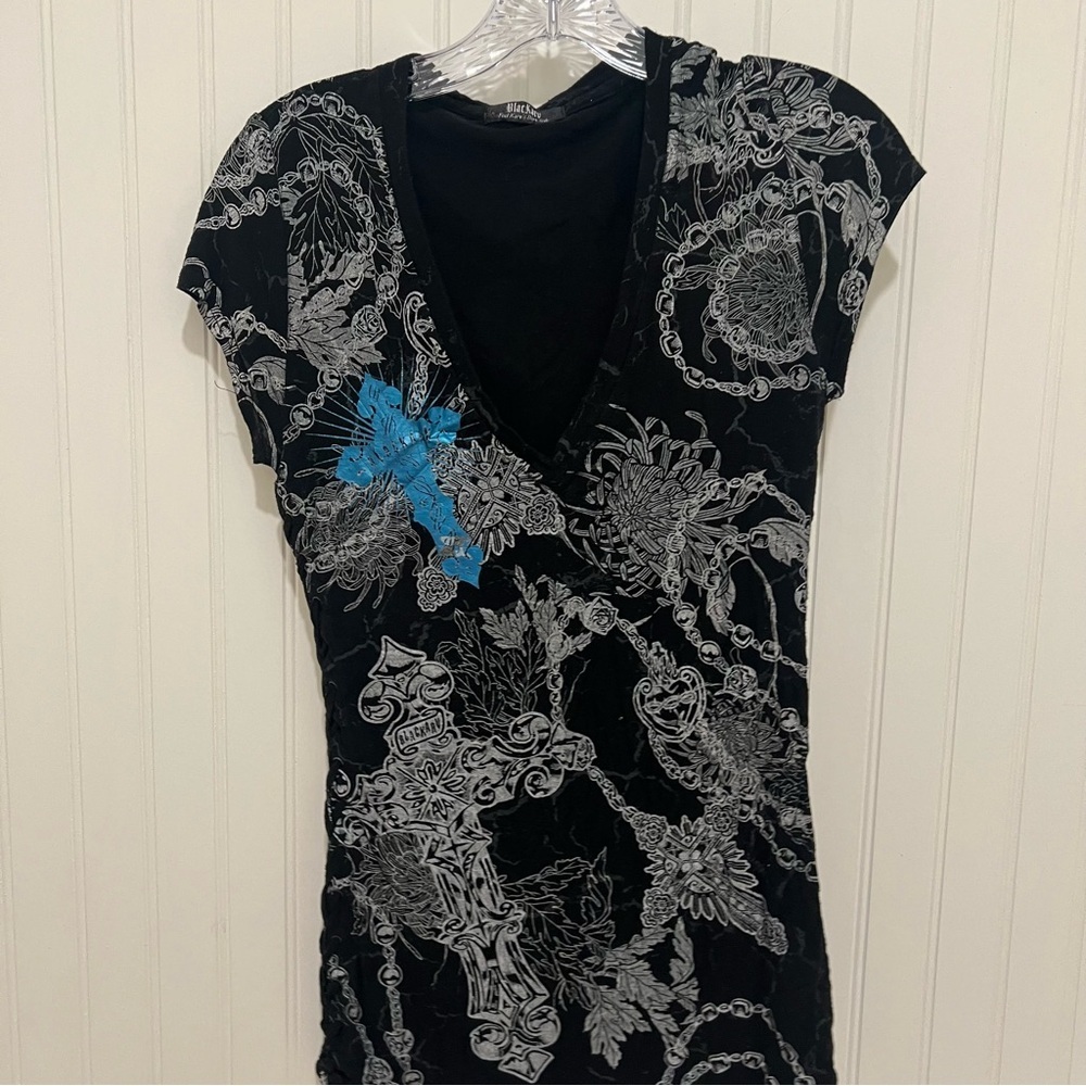 Y2K Affliction Style Black and Blue Women's Graphic Tee